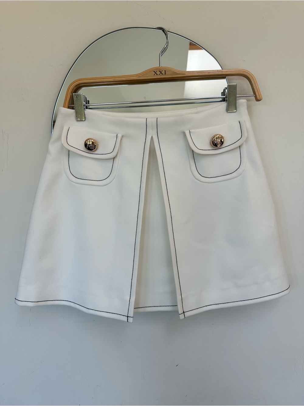 White Mini Skirt with Front Slit and Gold Button Pockets